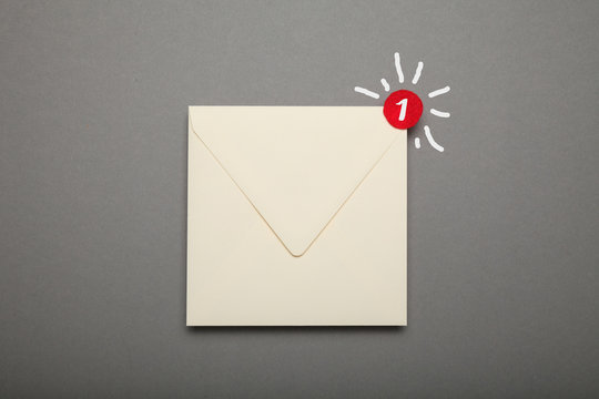 Communication correspondence email, red circle in corner. Exclamation, important envelope.