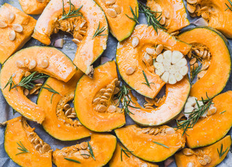 Pumpkin slices ready for cooking.