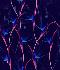 Natural leaves exotic watercolor seamless pattern, pink tropical leaves, jungle