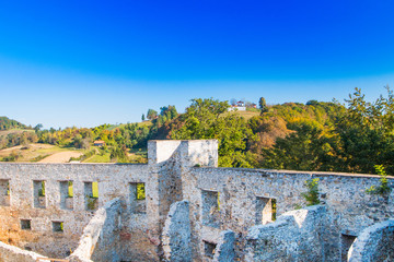 Fototapeta na wymiar Croatia, Novigrad, Karlovac county, ruins of old medieval Frankopan fortress and countryside landscape 