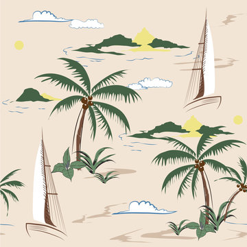 Beautiful seamless island pattern on beige background. Landscape with palm trees © MSNTY_STUDIOX