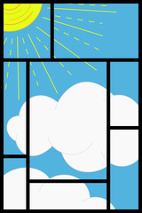 Drawing of the sun and sky through a window, vector illustration