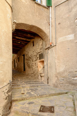 Fototapeta na wymiar arched passage on narrow street with steps in village on Como lake, Moltrasio, Italy