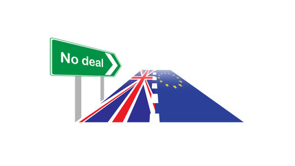 Brexit - no deal. Vector image of EU and UK flags as a road and a 'No deal' road sign