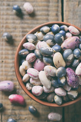 Assortment of young legumes and beans of different varieties and colors in a clay bowl. Raw food. Healthy diet concept. Selective focus