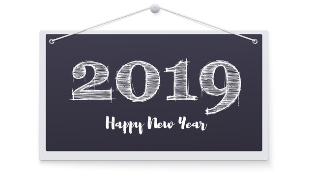 2019 hand lettering with chalk on hanging note Board, black background. Happy New Year card design. Vector 3d illustration EPS 10 file