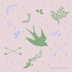 Naklejka premium Hand-drawn hipster vectors for design. Flowers, arrows and birds
