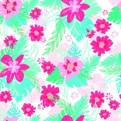 Foto auf Acrylglas Beautiful Exotic Flowers and Leaves Pattern Vector  Illustration for Surface , Invitation , Notebook, Banner , Wrap Paper ,Textiles, Cover, Magazine ,Postcard Background ,Textile , Wallpaper, Fashion  © Mia