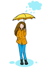 Young woman in a yellow slicker is enjoying rainy weather. Vector illustration.