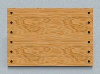 3d rendering. Empty brown wood panels board on cement wall background.