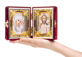 Icons faith bible in hand on white background isolation