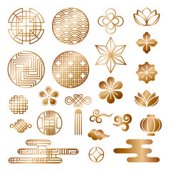 Oriental asian traditional korean japanese chinese style pattern decoration elements vector set,web page background asians design symbols.Koreans golden tradition ornate geometric shapes and forms