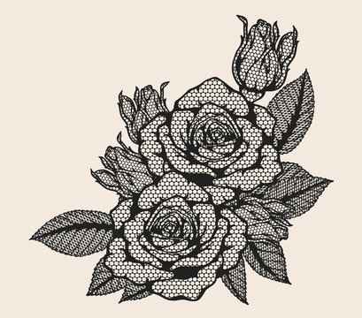 Rose lace by hand drawing.Beautiful flower on brown background.Rose lace  art highly detailed in line art style.Flower tattoo on vintage paper. Stock  Illustration