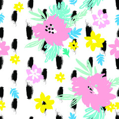 Abstract Shapes and Flowers Hand Drawn Seamless Pattern  Beautiful Pattern Background . Hipster Stylish Pattern ,Trendy Fantasy Freehand Brush Strokes Composition