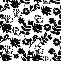 Beautiful Seamless Pattern Print with Flowers and Leaves on Black Background. Colorful design for fabric, wallpaper, gift paper, blog,web ,invitation.