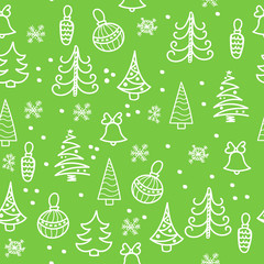 Seamless Christmas pattern. Christmas tree, decorations, bells