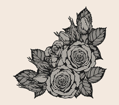 Rose lace vector set by hand drawing.Beautiful flower on brown background.Rose lace vector art highly detailed in line art style.Flower tattoo for paint or pattern.