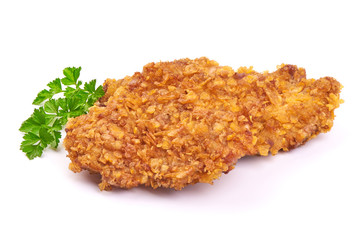 Fried chicken strips with parsley, isolated on a white background. Close-up.