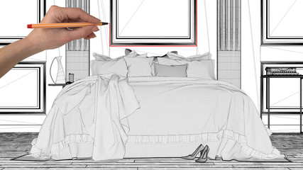 Interior design project concept, hand drawing custom architecture, black and white ink sketch, blueprint showing classic bedroom with wooden wall and double soft bed