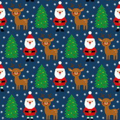 Santa Claus, his deer and Christmas trees, seamless pattern