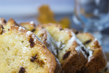 Slices of homemade raisin cake. Raisin bread cake. Breakfast concept. Rustic style.