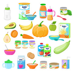 Baby food vector child healthy nutrition milk fresh juice with fruits and vegetable mashed puree for childcare health illustration childish set of carrot or apple isolated on white background