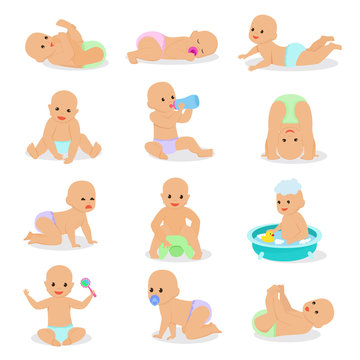 Baby vector newborn infant child playing with childish toys and cartoon smiling kid washing illustration childly set of children characters crying boy isolated on white background