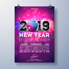 New Year Party Celebration Poster Template Illustration with 3d 2019 Number, Disco Ball and Firework on Shiny Colorful Background. Vector Holiday Premium Invitation Flyer or Promo Banner.