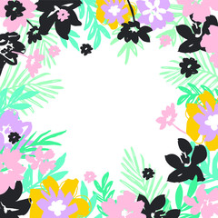 Trendy Fashion Card Frame with Creative Palm Leaves , Flowers and Hand Drawn Brush Strokes. Illustration for Surface , Invitation , Notebook, Banner , Wrap Paper ,Textiles, Cover, Magazine