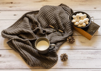 Autumn background.Cup of milk, scarf, eyeglasses, books, cookies and cones on wooden background.