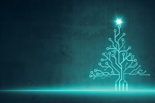 Digitaler Weihnachtsbaum aus Schaltkreisen mit Leuchtstern