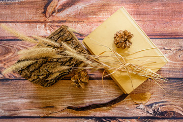 Autumn composition.Cones, books, log tree and dried plants on a wooden background