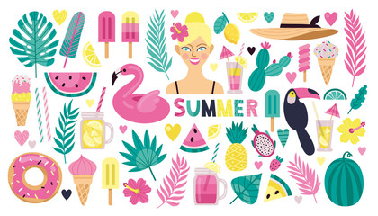 Set of stylish summer elements: tropical leaves, fruit, ice cream and cocktails. Bright summer tropical icons.