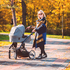 Fototapeta na wymiar A young mother with a stroller walks through the autumn park. Walking with an infant in the open air in a pine forest. Newborn, family, child, parenthood.