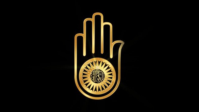 Jainism Ahimsha Religious symbol Particles Animation, Magical Particle Dust Animation of Religious Jain Hand Sign with Rays.