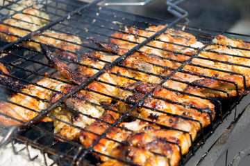 Roasted meat on the grill close-up.
