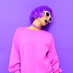 Stylish girl with purple hair. Colorful fashion style