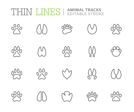 Collection of animal tracks line icons. Editable stroke
