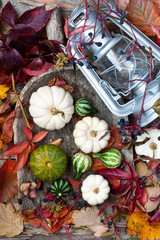 Composition with pumpkins and autumn decorations on wooden background