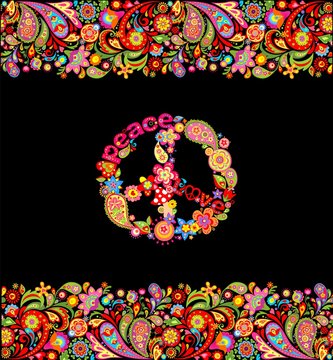 Fashion design with colorful floral summery seamless border and hippie peace symbol for shirt print and party poster on black background