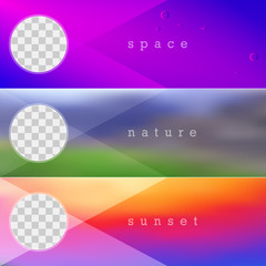 Vibrant Gradient Vector Background, Bright Sunset Gradient, Blurred Nature Background. Three Vector Banner Templates
