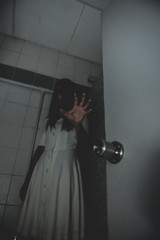 Portrait of asian woman make up ghost face with blood,Horror scene,Scary background,Halloween...