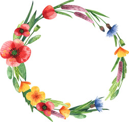 Square frame with wildflowers. Watercolor template for your invitations; advertisements and posts.