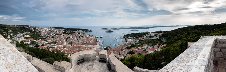 Fototapeta na wymiar Panorama of Hvar, a city and port on the island of Hvar, part of Split-Dalmatia County, Croatia.