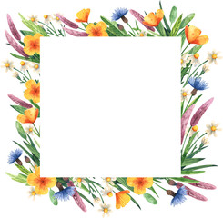 Square frame with wildflowers. Watercolor template for your invitations; advertisements and posts.