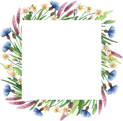 Fototapeta na wymiar Square frame with wildflowers. Watercolor template for your invitations; advertisements and posts.