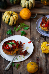 Meatball-stuffed squash with tomato sauce.selective focus