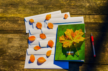 Composition of white postal envelopes for sending letters with yellow autumn leaves, diary-notebook and ink manual on a wooden background lit by the sun