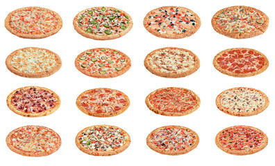 sixteen kinds of pizza on white background isolate. restaurant menu.