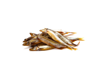Dried salted fish sticks isolated on white.
